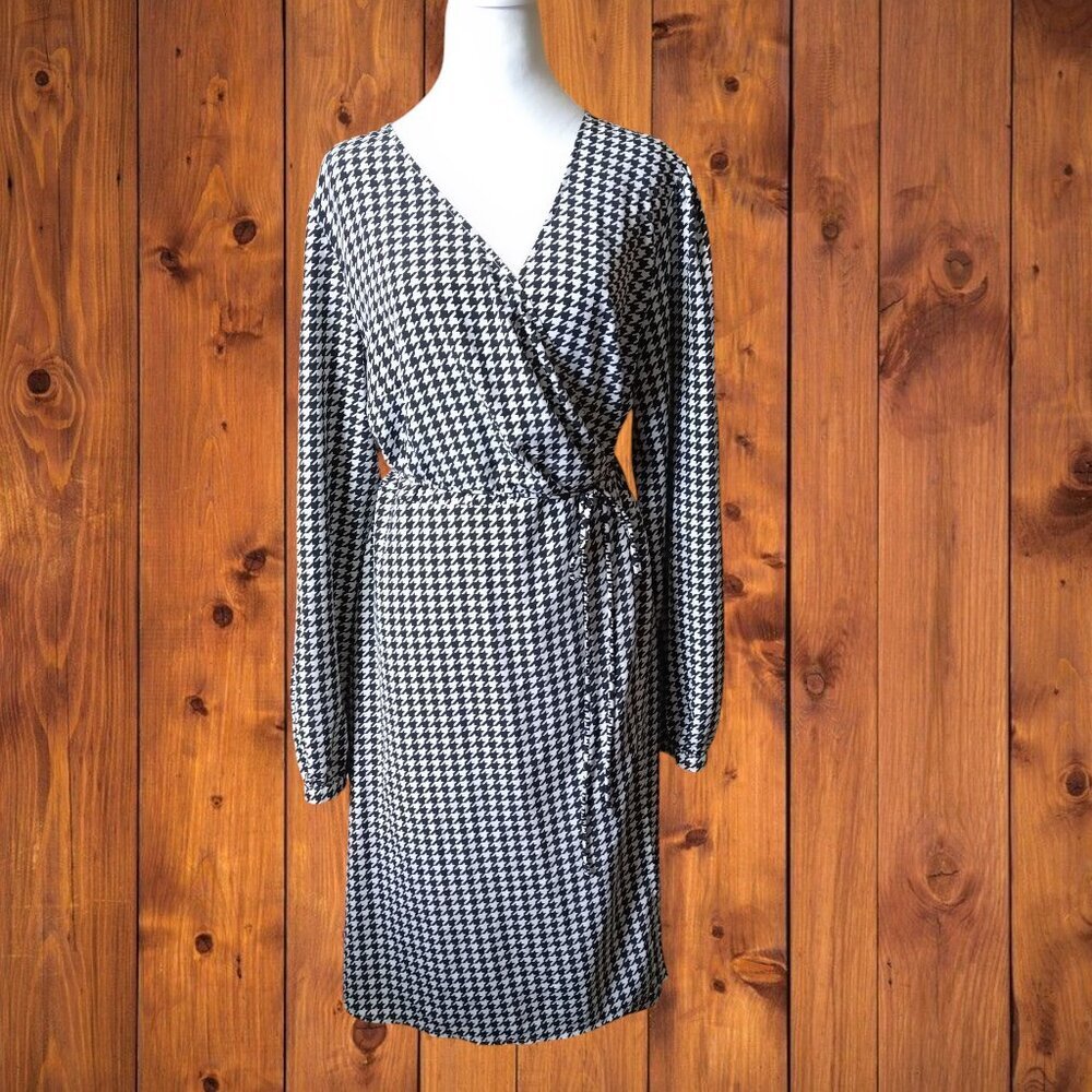 ModCloth Women's XL Long Sleeve Houndstooth Wrap Dress V-Neck Retro Classic NEW